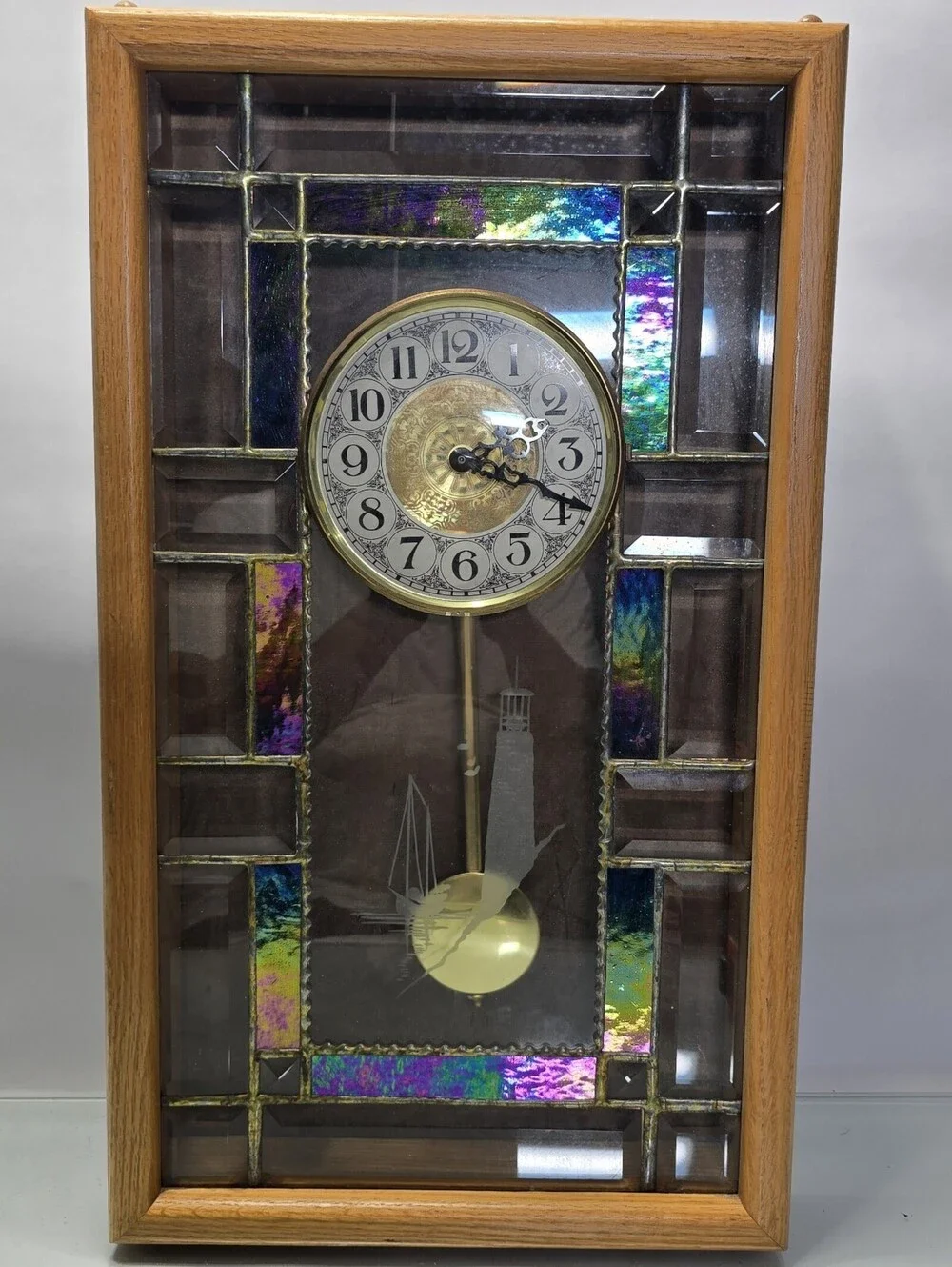 Cathedral Church Window Style Pendulum Wall Clock Stained Art Glass Lighthouse.